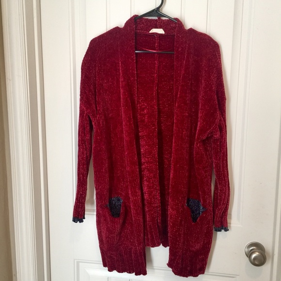 Hummingbird red chenille open cardigan sweater S/M - Picture 3 of 6